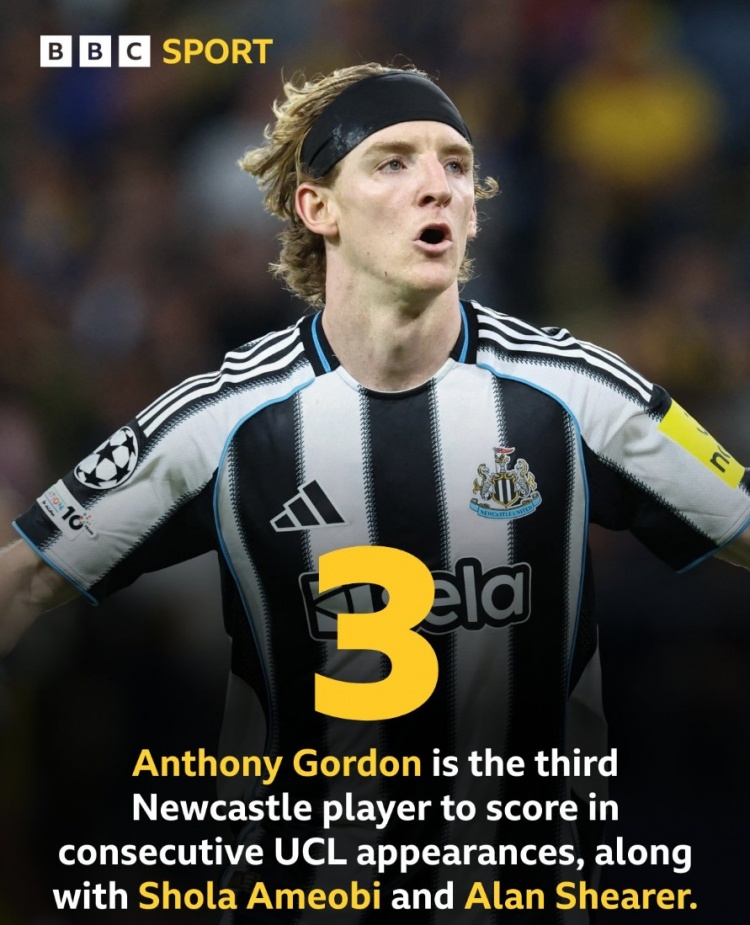 比肩希勒！戈登成紐卡隊(duì)史第三位在歐冠中連場(chǎng)進(jìn)球的球員