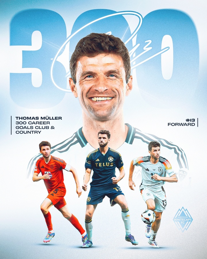 892場(chǎng)300球！穆勒點(diǎn)射破門(mén)收獲生涯第300球，加盟溫哥華5場(chǎng)5球